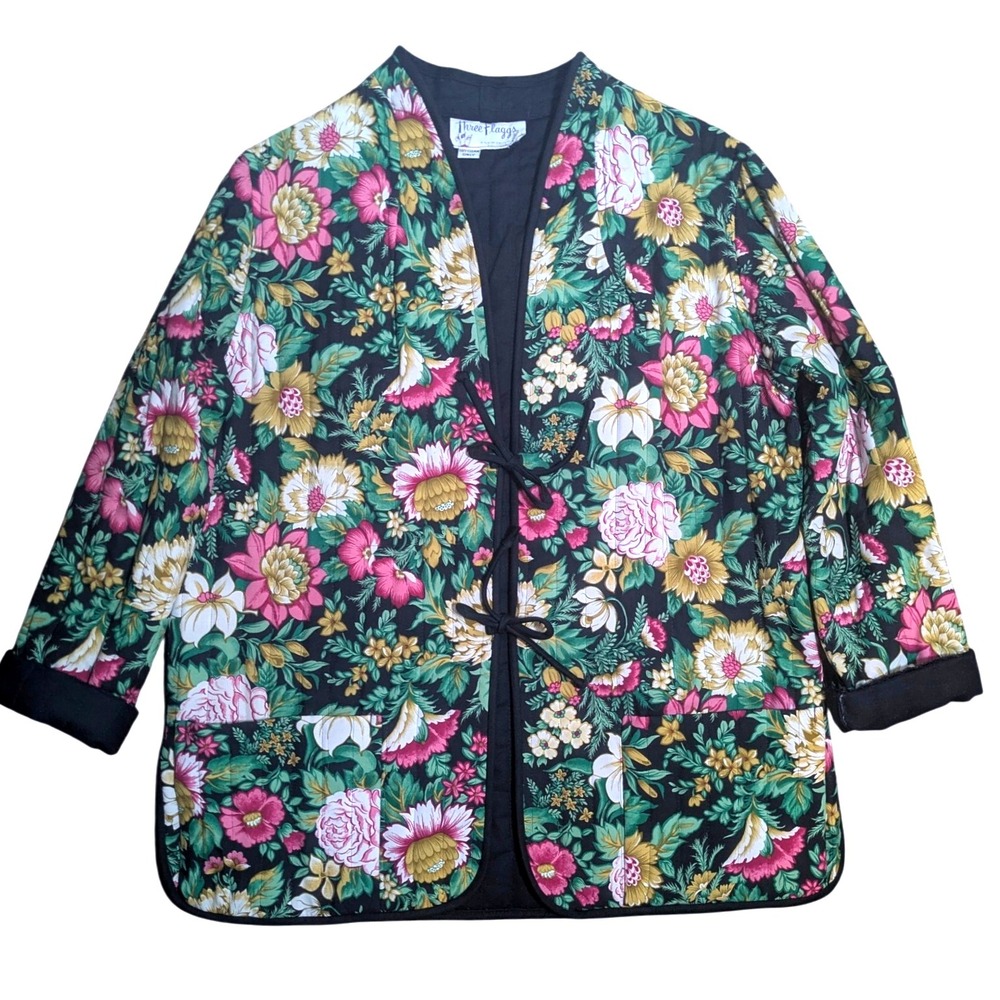 Vintage 1970s Dark Floral Quilted Cottage Coat Tie Front Cotton Jacket - Picture 4 of 7